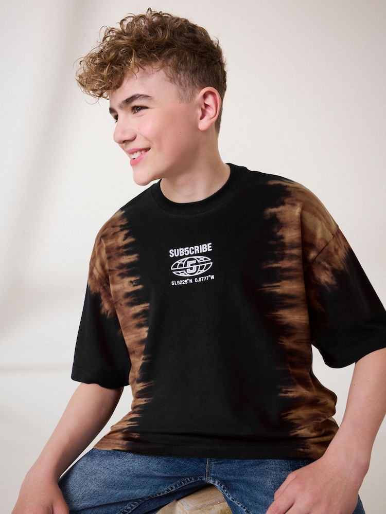 Black Tie Dye Relaxed Fit 100% Cotton Short Sleeve Subscribe Graphic T-Shirt (3-16yrs) - Image 2 of 7