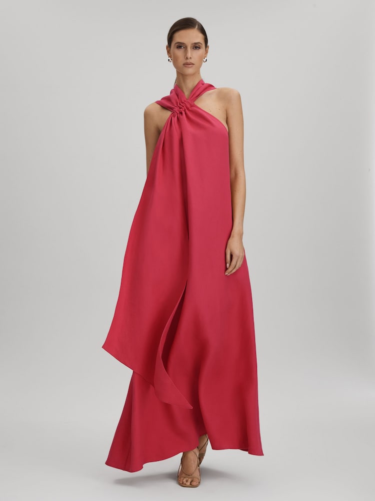 reiss odell halter maxi dress Reiss Odell Halter-Neck Relaxed-Fit Stretch-Woven Maxi Dress in Red