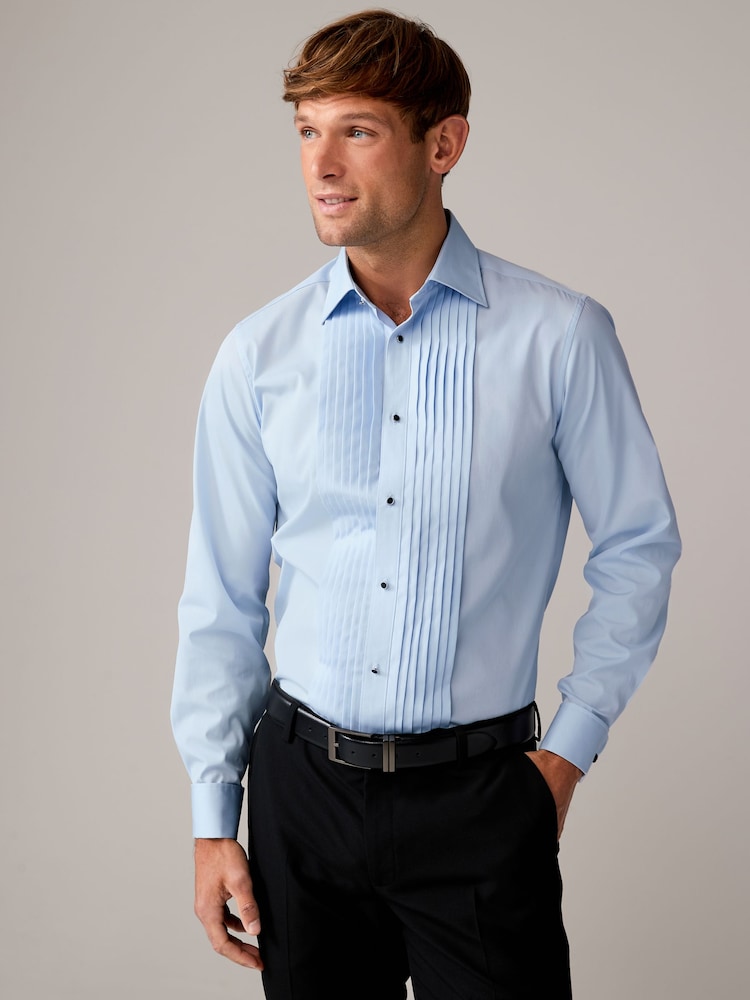 Light Blue Pleated Double Cuff 100% Cotton Dress Shirt With Cutaway Collar - Image 1 of 8