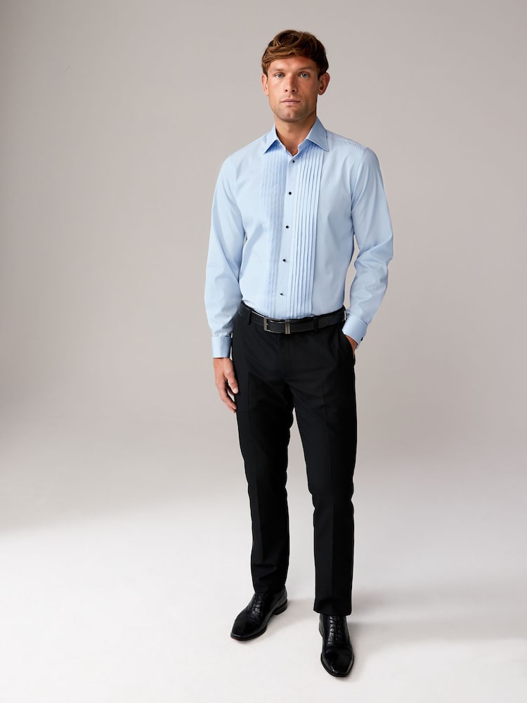 Light Blue Pleated Double Cuff 100% Cotton Dress Shirt With Cutaway Collar - Image 2 of 8
