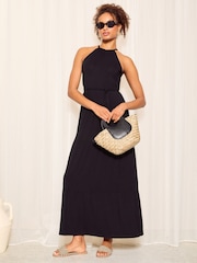 Friends Like These Black Halter Jersey Dress With Tie Belt - Image 3 of 4