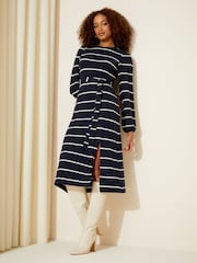 Friends Like These Navy Blue Stripe Soft Touch Knitted Belted Midi Dress - Image 1 of 4