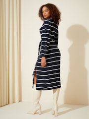 Friends Like These Navy Blue Stripe Soft Touch Knitted Belted Midi Dress - Image 4 of 4