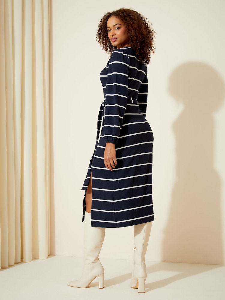 Friends Like These Navy Blue Stripe Soft Touch Knitted Belted Midi Dress - Image 4 of 4