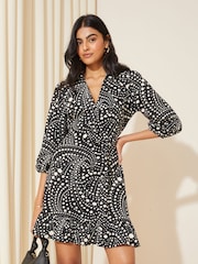 Friends Like These Black/White Spot V Neck Belted Mini Shirt Dress - Image 1 of 4