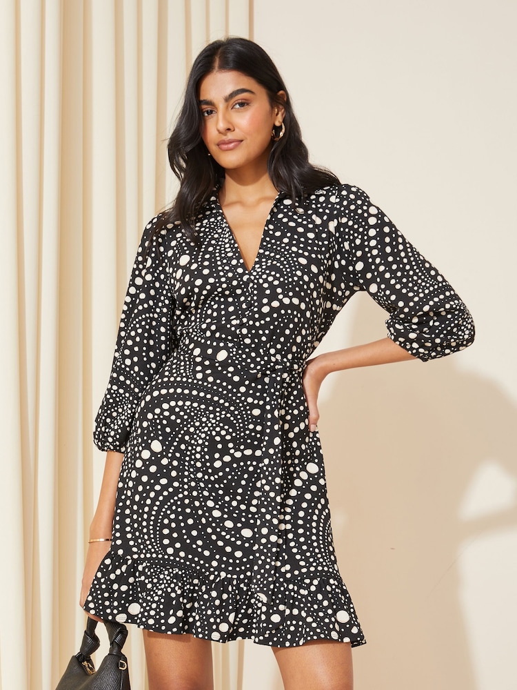 Friends Like These Black/White Spot V Neck Belted Mini Shirt Dress - Image 1 of 4 Friends Like These Black/White Spot V Neck Belted Mini Shirt Dress - Image 1 of 4