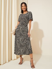 Friends Like These Black/White ITY Flutter Short Sleeve Midi Dress - Image 1 of 4