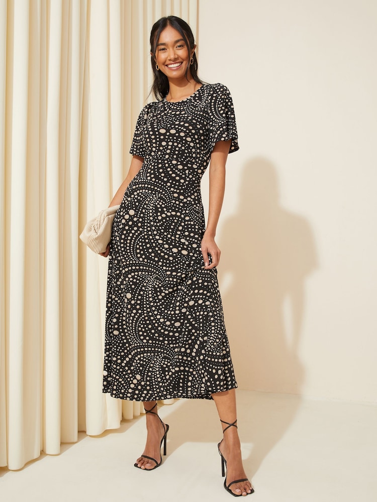 Friends Like These Black/White ITY Flutter Short Sleeve Midi Dress - Image 1 of 4
