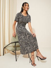 Friends Like These Black/White ITY Flutter Short Sleeve Midi Dress - Image 3 of 4