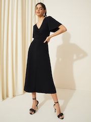 Friends Like These Black Ruched Front Flutter Sleeve Midi Dress - Image 3 of 4