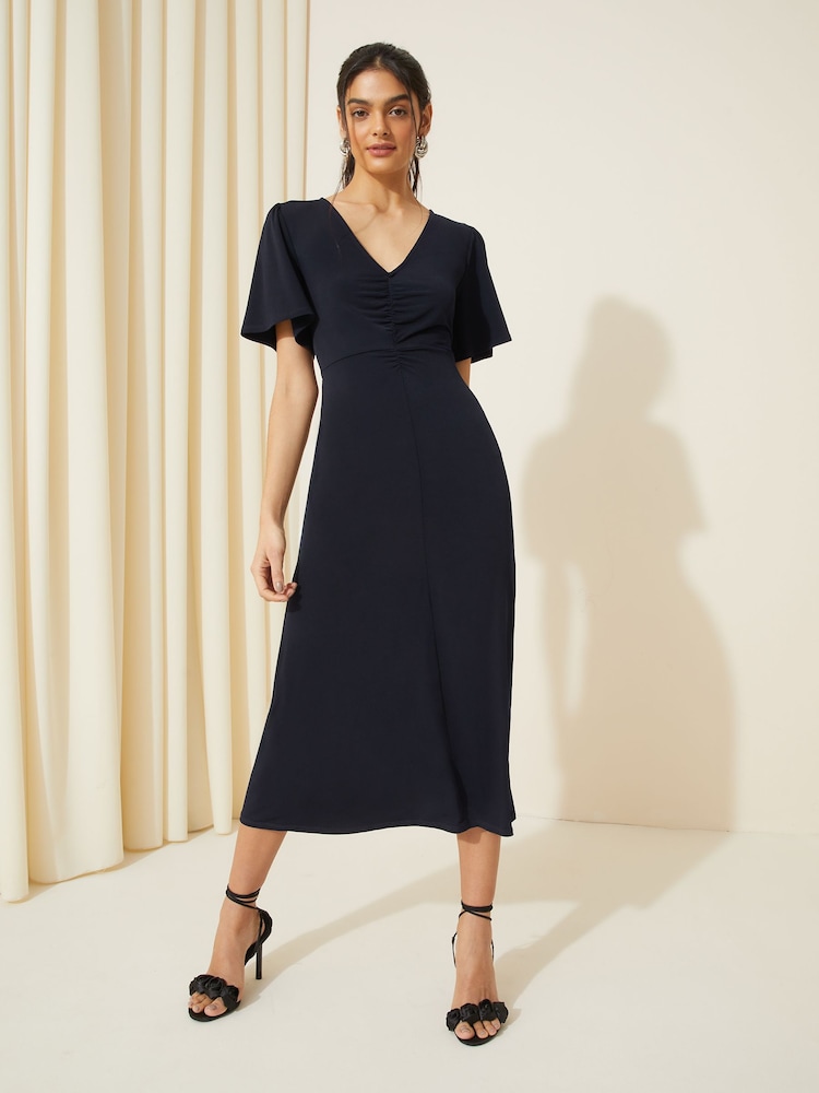 Friends Like These Navy Blue Ruched Front Flutter Sleeve Midi Dress - Image 1 of 3