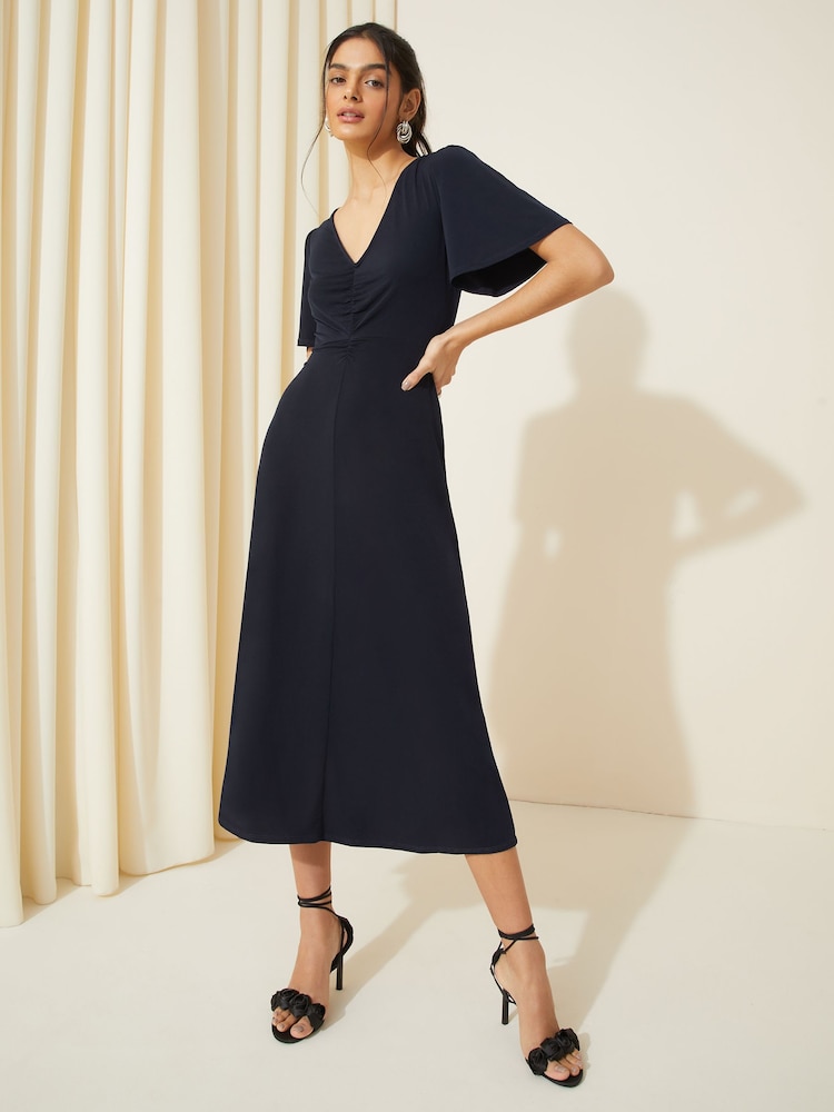 Friends Like These Navy Blue Ruched Front Flutter Sleeve Midi Dress - Image 2 of 3