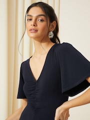 Friends Like These Navy Blue Ruched Front Flutter Sleeve Midi Dress - Image 3 of 3
