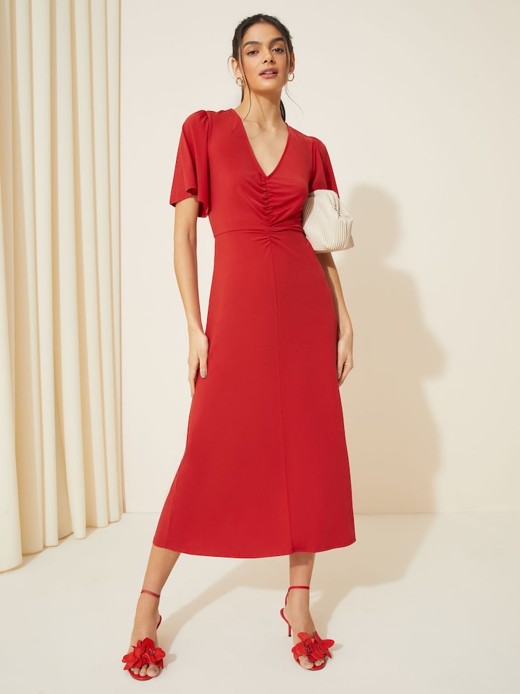 Friends Like These Red Ruched Front Flutter Sleeve Midi Dress - Image 1 of 4
