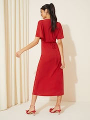 Friends Like These Red Ruched Front Flutter Sleeve Midi Dress - Image 4 of 4