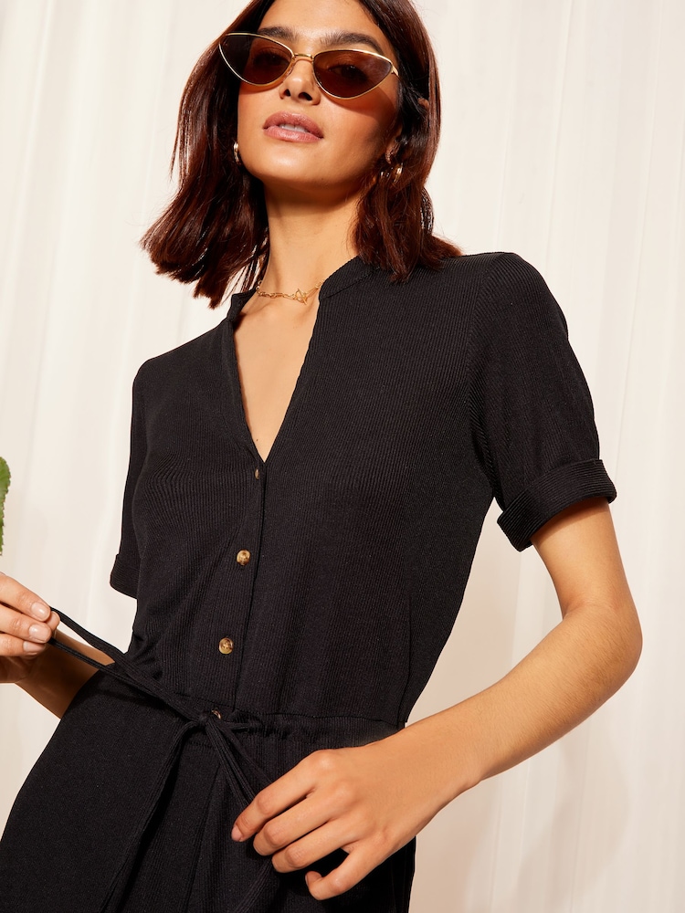 Friends Like These Black Ribbed Tie Waist Playsuit - Image 2 of 4 Friends Like These Black Ribbed Tie Waist Playsuit - Image 2 of 4