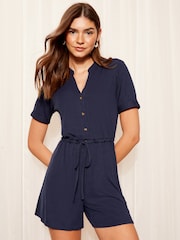 Friends Like These Navy Blue Ribbed Tie Waist Playsuit - Image 1 of 4