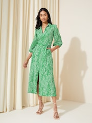 Friends Like These Green V Neck Jersey Belted Midi Shirt Dress - Image 1 of 4