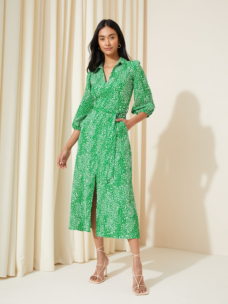 Friends Like These Green V Neck Jersey Belted Midi Shirt Dress - Image 1 of 4