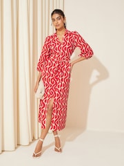 Friends Like These Red V Neck Jersey Belted Midi Shirt Dress - Image 1 of 4