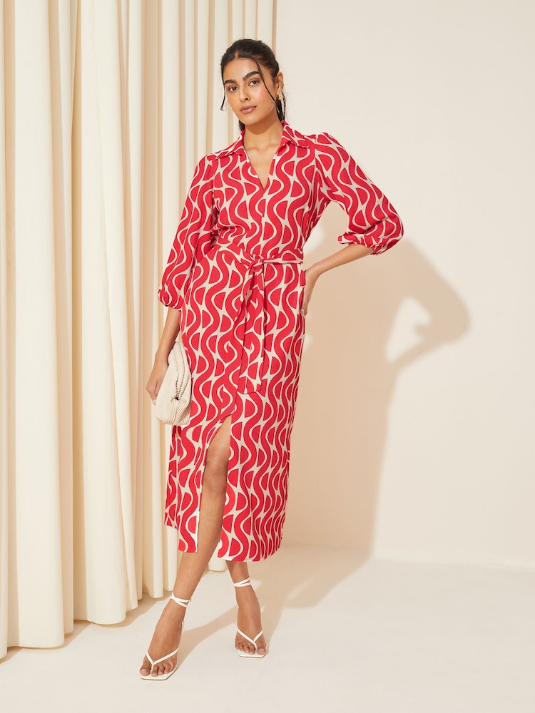 Friends Like These Red V Neck Jersey Belted Midi Shirt Dress - Image 1 of 4