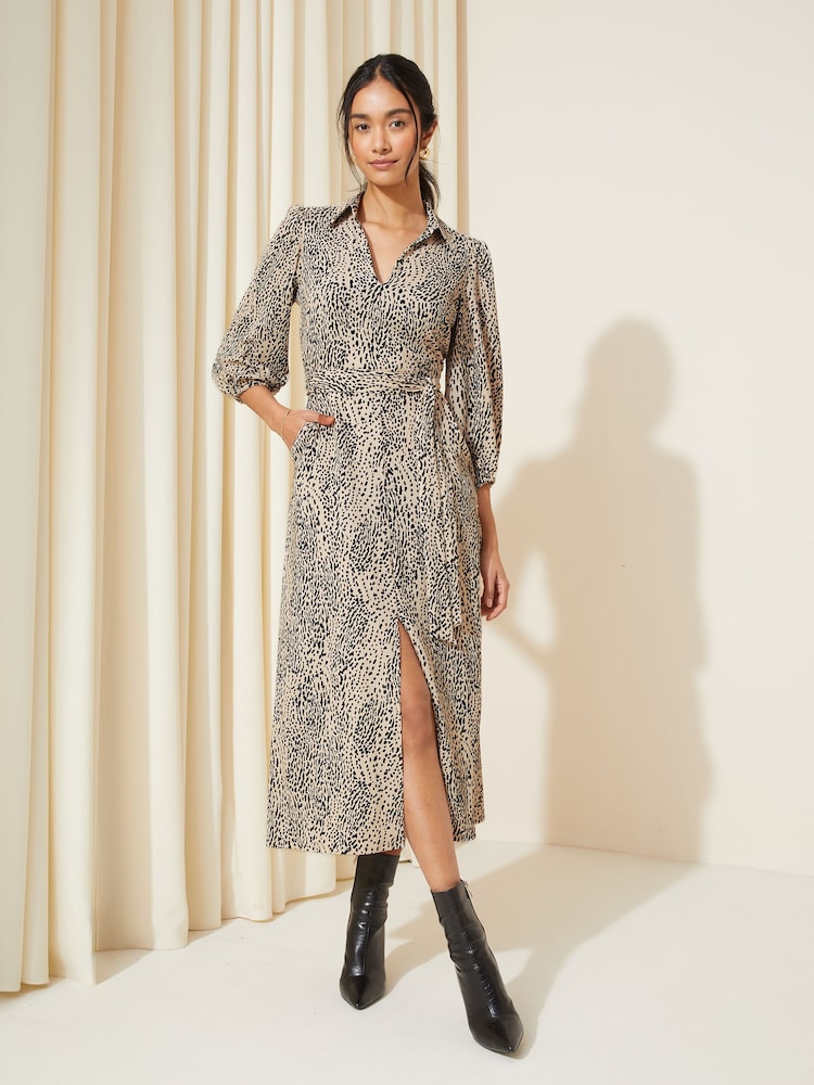 Friends Like These Beige V Neck Jersey Belted Midi Shirt Dress - Image 1 of 4