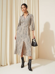 Friends Like These Beige V Neck Jersey Belted Midi Shirt Dress - Image 3 of 4