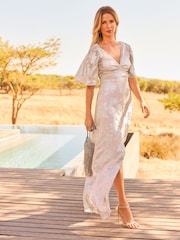 Friends Like These Pink Petite Flutter Cape Sleeve V Neck Maxi Dress - Image 1 of 4