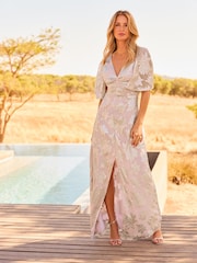 Friends Like These Pink Petite Flutter Cape Sleeve V Neck Maxi Dress - Image 3 of 4
