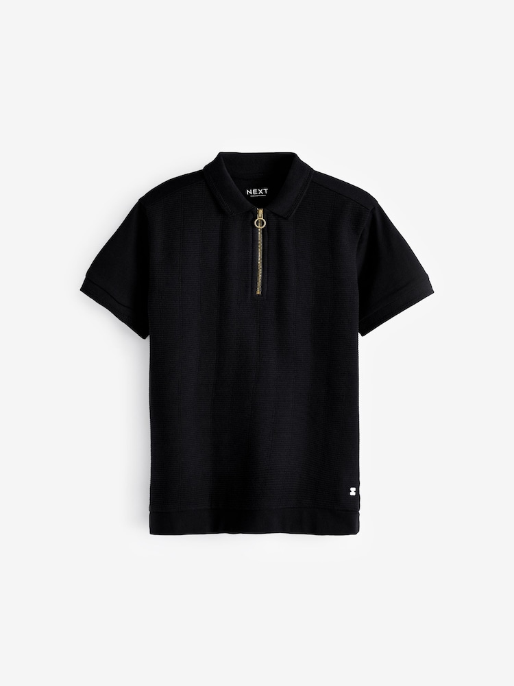 Black Textured Short Sleeve Quarter Zip Polo Shirt (3-16yrs) - Image 1 of 3