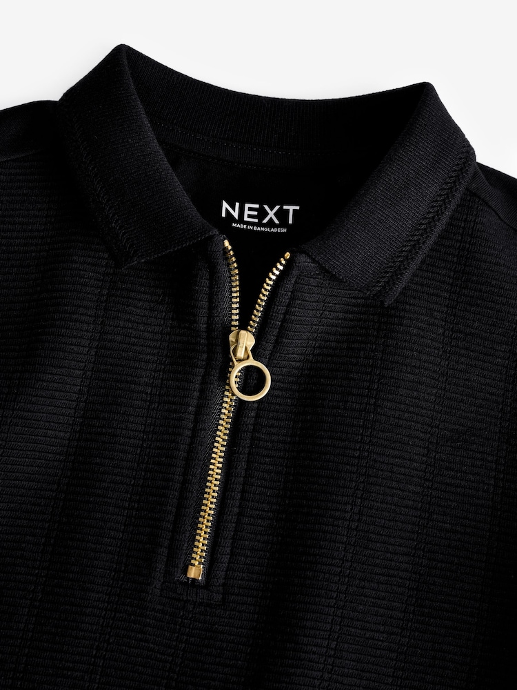 Black Textured Short Sleeve Quarter Zip Polo Shirt (3-16yrs) - Image 3 of 3
