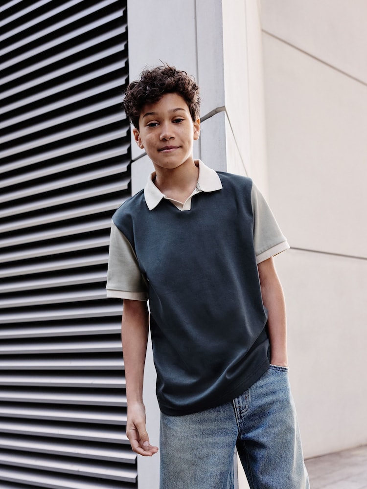 Charcoal Grey Revere Collar Short Sleeve 100% Cotton Polo Shirt (3-16yrs) - Image 2 of 7