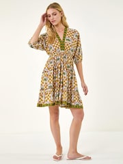 Roman Yellow Palm Check Boho Dress - Image 2 of 5
