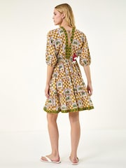 Roman Yellow Palm Check Boho Dress - Image 3 of 5