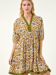 Roman Yellow Palm Check Boho Dress - Image 4 of 5
