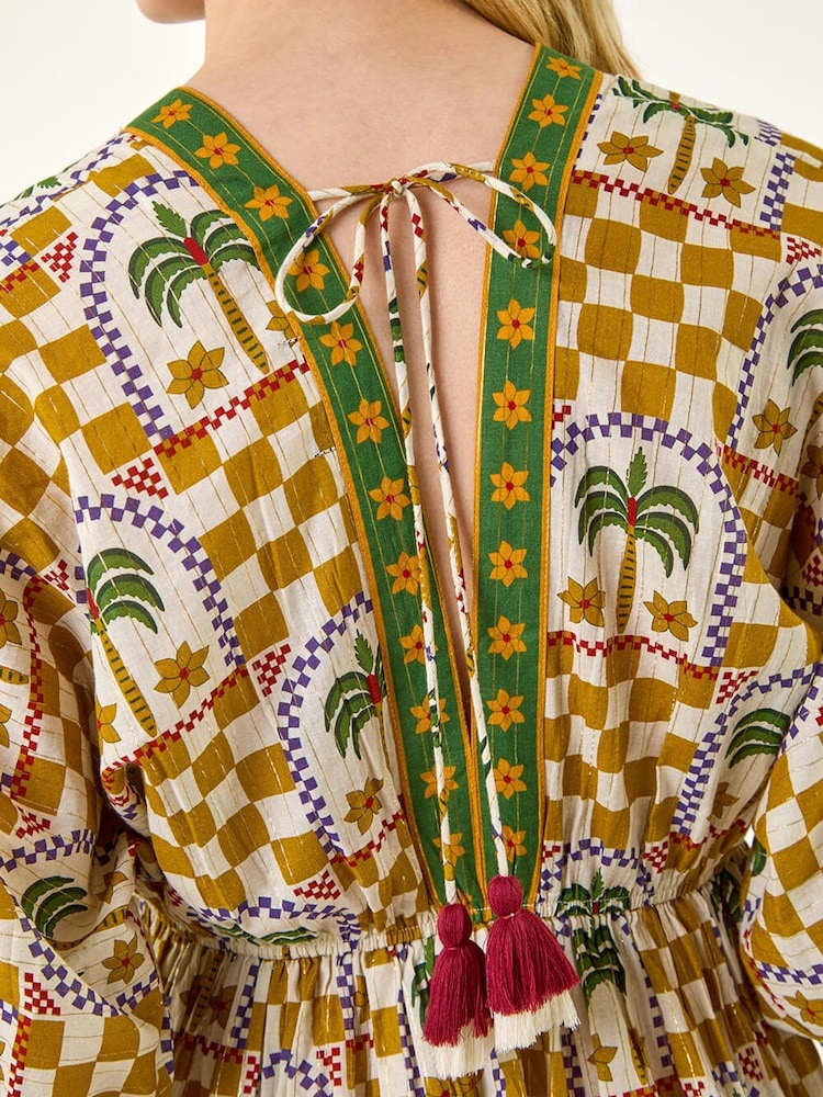 Roman Yellow Palm Check Boho Dress - Image 5 of 5 Roman Yellow Palm Check Boho Dress - Image 5 of 5