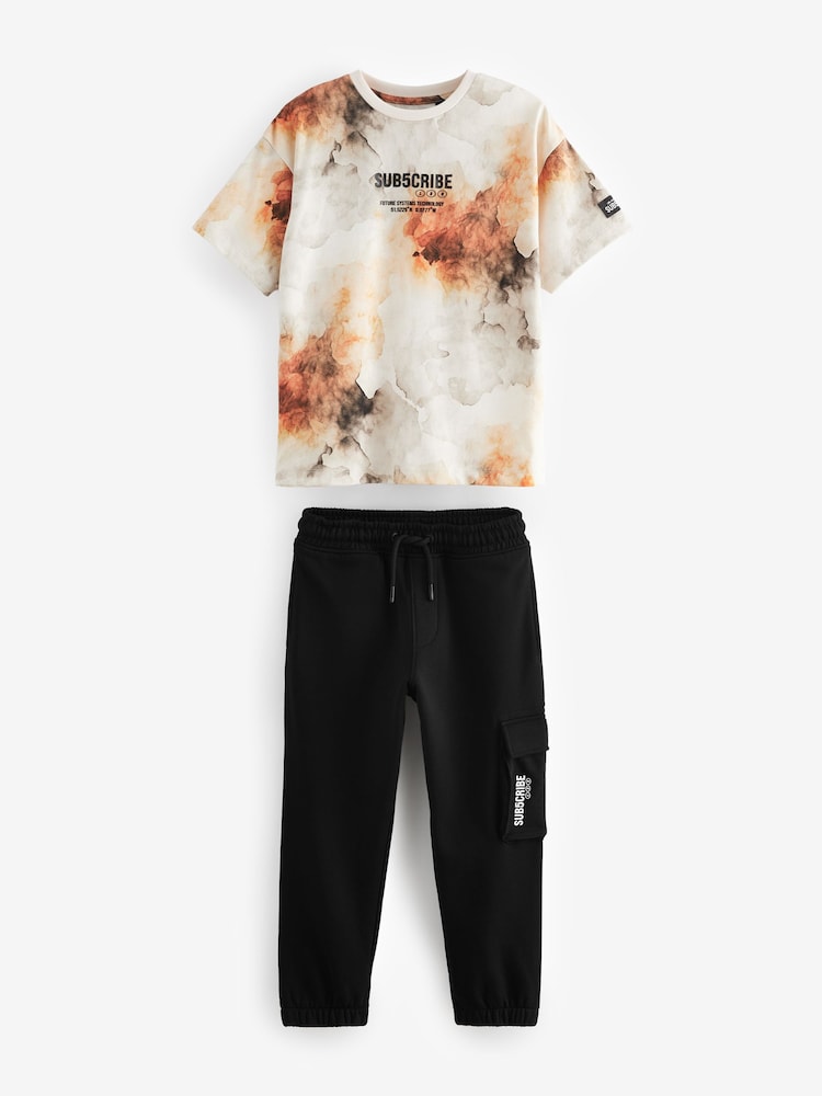 Black/Ecru Subscribe Short Sleeve 100% Cotton T-Shirt and Cargo Jogger Set (3-16yrs) - Image 1 of 3