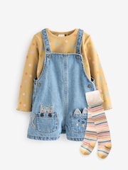 Denim Cat Embellished 100% Cotton Dungarees 3 Piece Set (3mths-7yrs) - Image 6 of 10