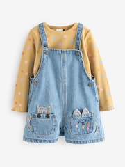 Denim Cat Embellished 100% Cotton Dungarees 3 Piece Set (3mths-7yrs) - Image 7 of 10