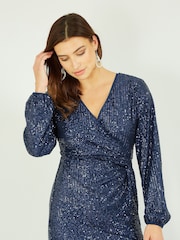 Yumi Blue Sequin Ruched Wrap Long Sleeve Dress - Image 2 of 5