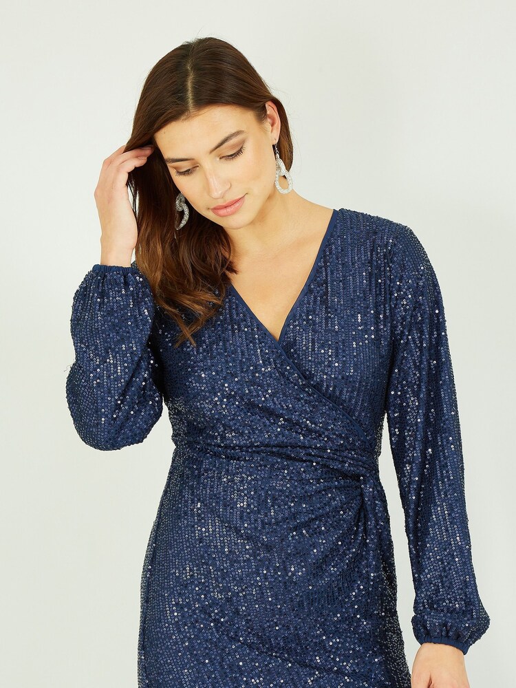 Yumi Blue Sequin Ruched Wrap Long Sleeve Dress - Image 2 of 5 Yumi Blue Sequin Ruched Wrap Long Sleeve Dress - Image 2 of 5