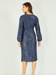 Yumi Blue Sequin Ruched Wrap Long Sleeve Dress - Image 3 of 5