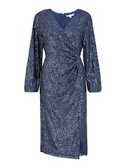 Yumi Blue Sequin Ruched Wrap Long Sleeve Dress - Image 4 of 5