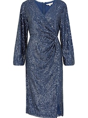 Yumi Blue Sequin Ruched Wrap Long Sleeve Dress - Image 5 of 5