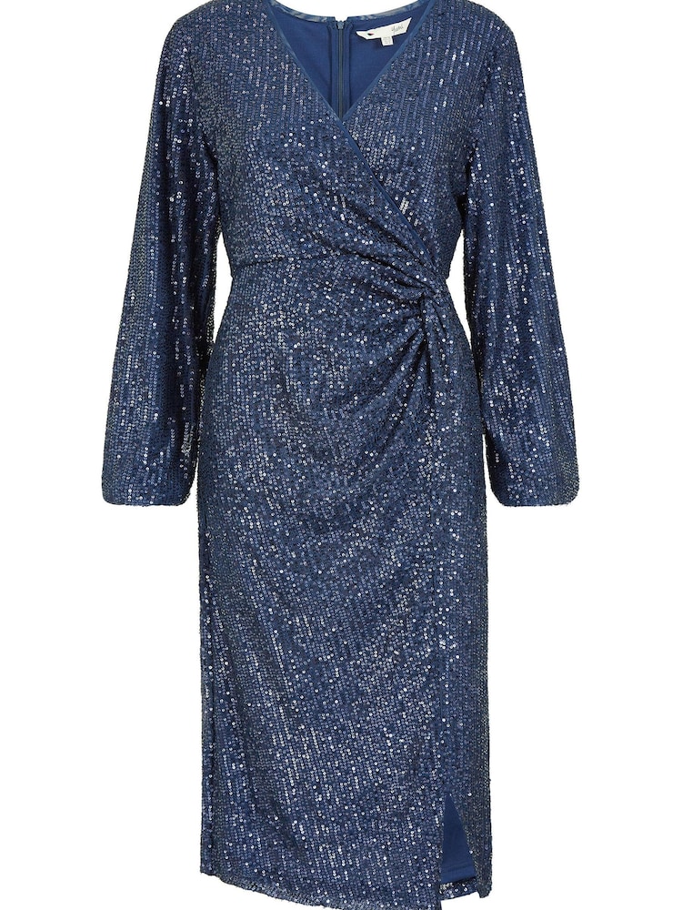 Yumi Blue Sequin Ruched Wrap Long Sleeve Dress - Image 5 of 5