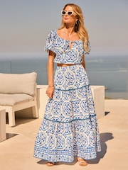 Friends Like These Blue Floral Tiered Cotton Maxi Skirt - Image 3 of 5