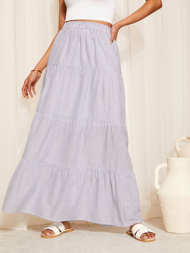 Friends Like These Blue Pinstripe Boho Maxi Tiered Cotton Skirt - Image 1 of 4