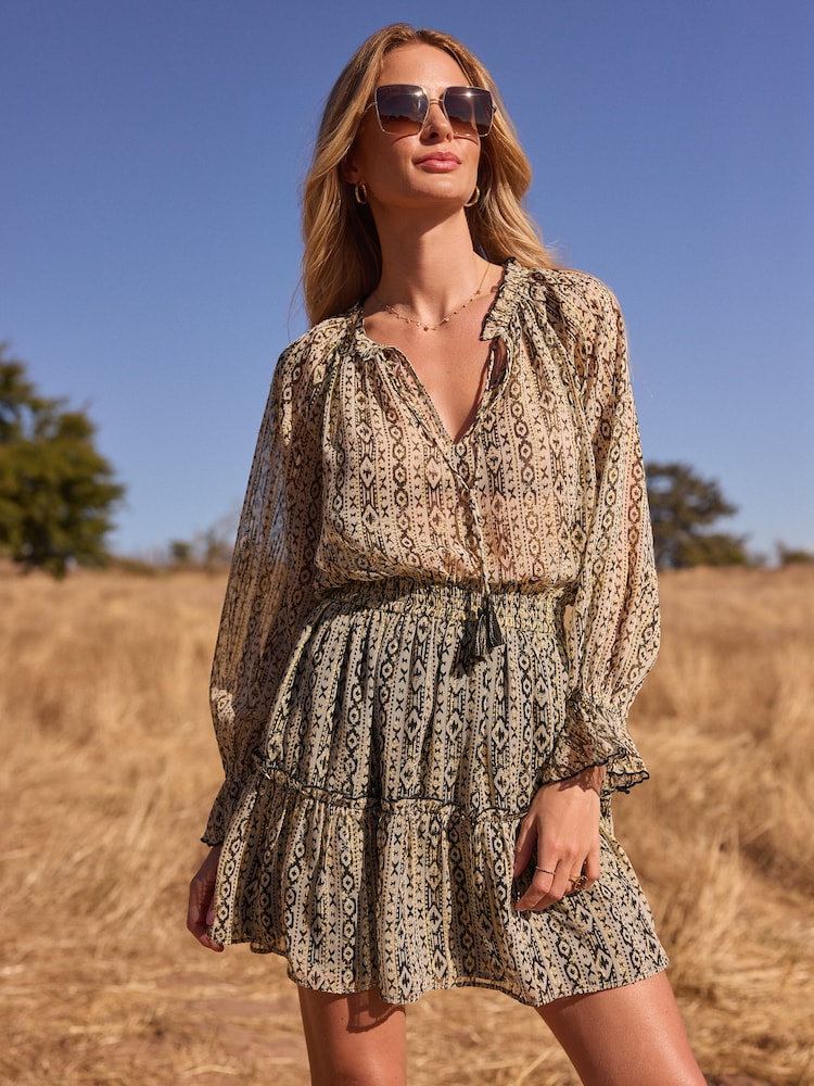 Friends Like These Gold Printed Flippy Chiffon Tiered Mini Co Ord Skirt - Image 4 of 4 Friends Like These Gold Printed Flippy Chiffon Tiered Mini Co Ord Skirt - Image 4 of 4
