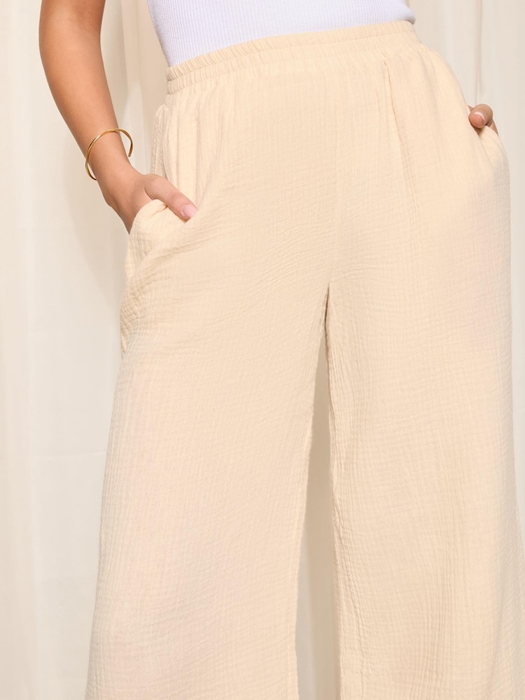 Friends Like These Nude Pink Crinkle Cotton Elasticated Wide Leg Trousers - Image 1 of 4 Friends Like These Nude Pink Crinkle Cotton Elasticated Wide Leg Trousers - Image 1 of 4