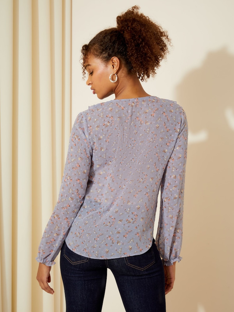 Friends Like These Purple Ditsy Floral Long Sleeve Tie Front Double Ruffle Blouse - Image 4 of 4 Friends Like These Purple Ditsy Floral Long Sleeve Tie Front Double Ruffle Blouse - Image 4 of 4